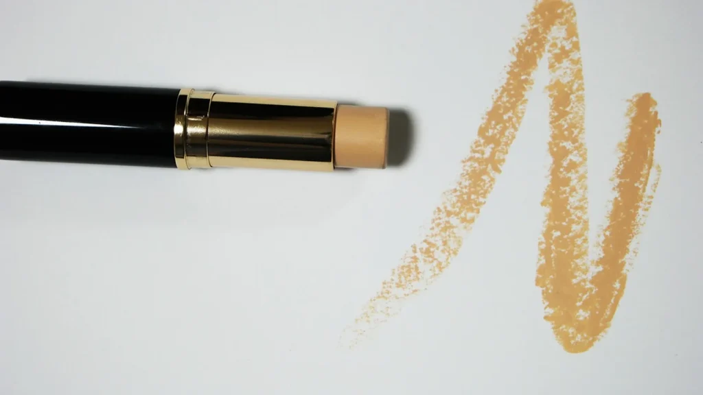 Woman blending a thin layer of light foundation with a makeup sponge on clear skin.