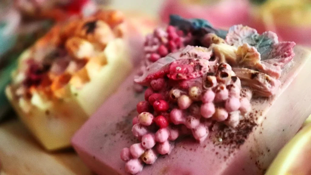 Colorful handmade soap bars shaped like fruit cookies on a wooden board.