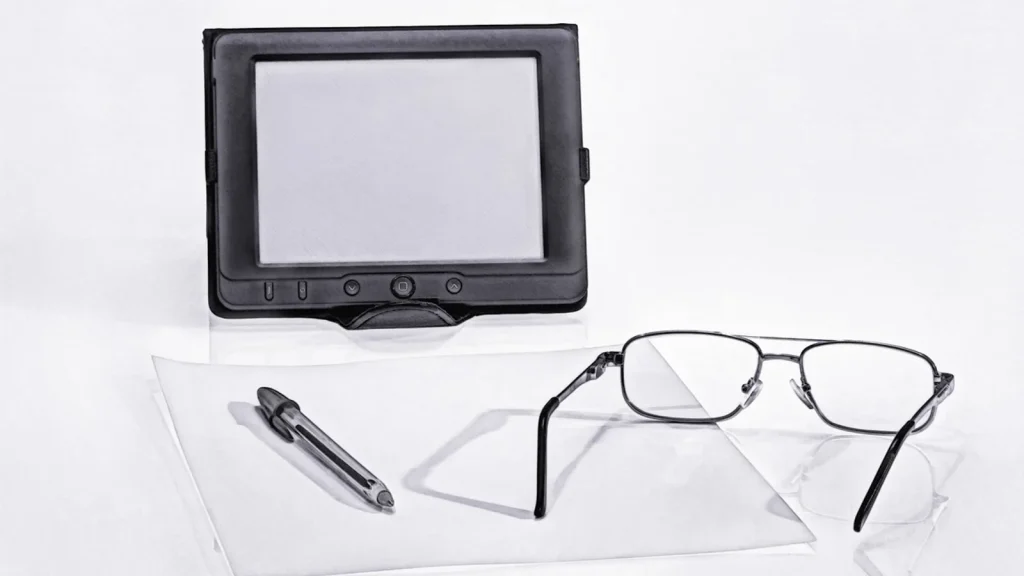 An e-reader lying next to an open paper book and a cup of tea.