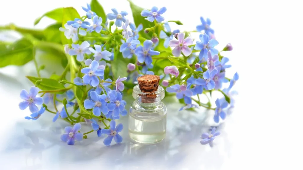 A glass bottle of monoi oil surrounded by white tiare gardenia flowers and coconut.