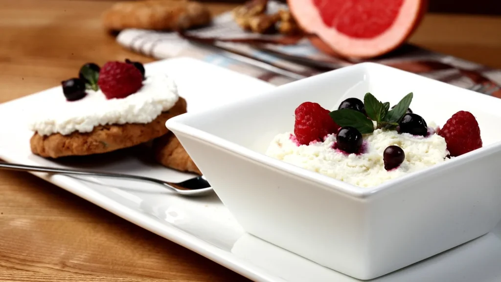A balanced breakfast table with oatmeal, fruit, eggs and wholegrain toast.