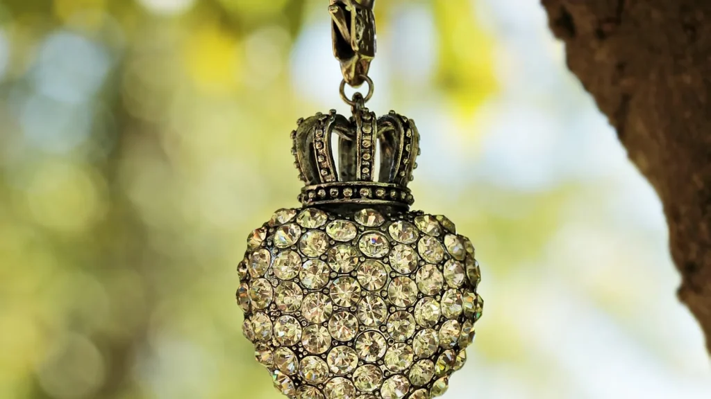 Close-up of a delicate gold necklace with a small heart pendant on a woman's neck.